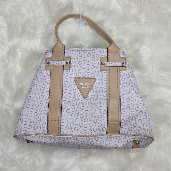 Like-New Guess Logo White Vegan Leather Shoulder Tote with Tan Handle and Trim - Picture 2 of 8